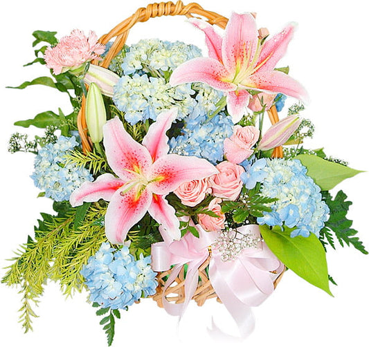 Luxury Pink Lily and Blue Hydrangea Flower Basket Arrangement
