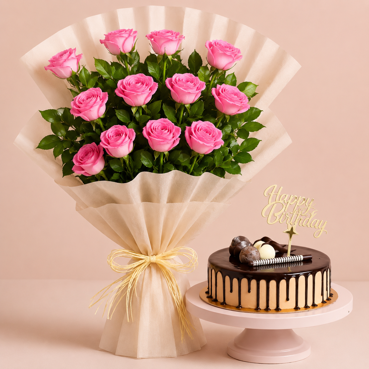 Blush Jubilee 12 pink roses bouquet with chocolate birthday cake and Happy Birthday topper