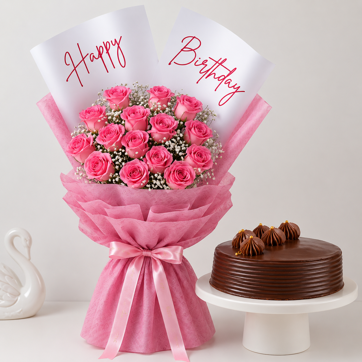 Rosy Celebration pink roses bouquet with happy birthday message and chocolate cake combo