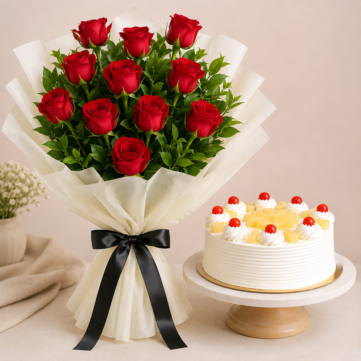 Ruby Paradise bouquet of 11 red roses with pineapple cream cake decorated with cherries