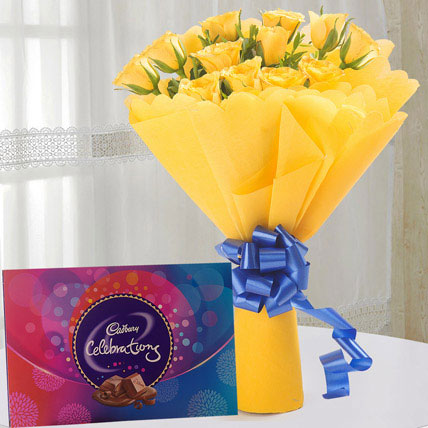 Golden Surprise yellow roses bouquet with Cadbury Celebrations