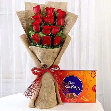 12 red roses bouquet with Cadbury Celebrations chocolate box flower and chocolate combo gift