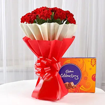 12 red carnations bouquet with Cadbury Celebrations chocolates flower chocolate combo gift