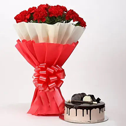 12 red carnations bouquet with chocolate cak