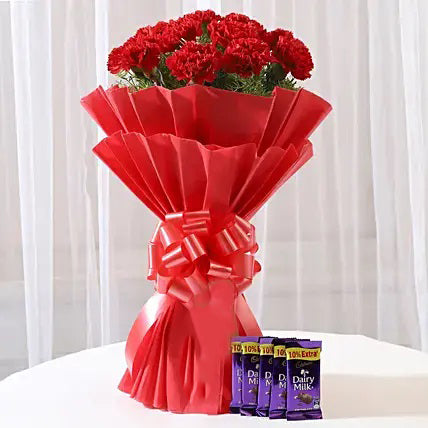 12 red carnations bouquet with Dairy Milk chocolates flower chocolate combo gift