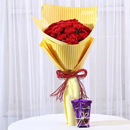 20 red carnations bouquet with Dairy Milk Silk chocolates flower chocolate combo gift