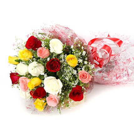 mixed roses bouquet red yellow pink white flowers gift
