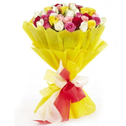 mixed roses bouquet colorful flowers yellow wrapping gift
