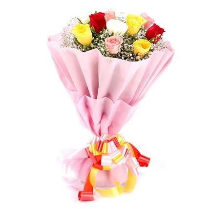 Mixed roses bouquet in pink wrapping elegant flower gift