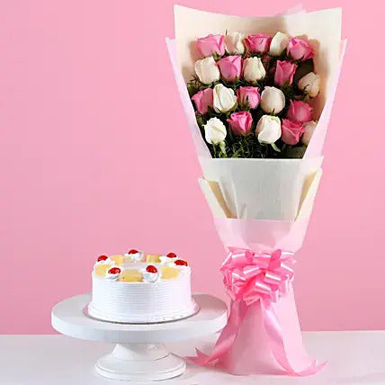Pink and white roses bouquet with pineapple cake flower and cake combo gift