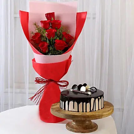 8 red roses bouquet with choco cream cake for same day gift delivery India