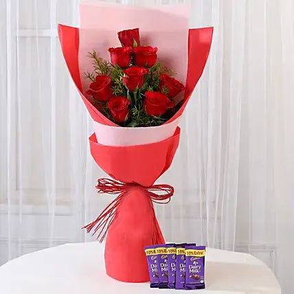 8 red roses bouquet with Dairy Milk chocolates flower and chocolate combo gift