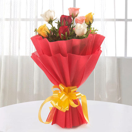 8 mixed roses bouquet red yellow pink white flowers