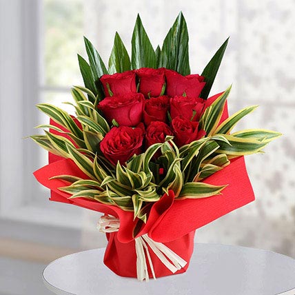 9 red roses bouquet with green leaves premium arrangement