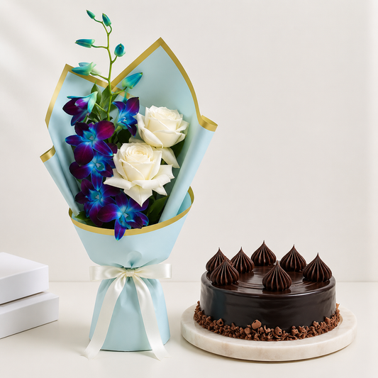 Azure Indulgence blue orchid and white rose bouquet with chocolate cake combo