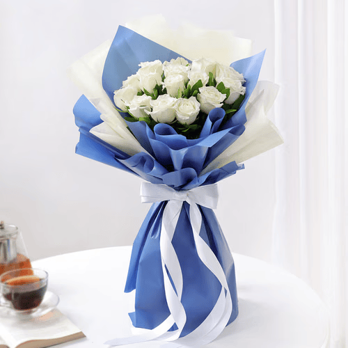 Azure Purity bouquet of 15 fresh white roses in premium blue and white wrapping