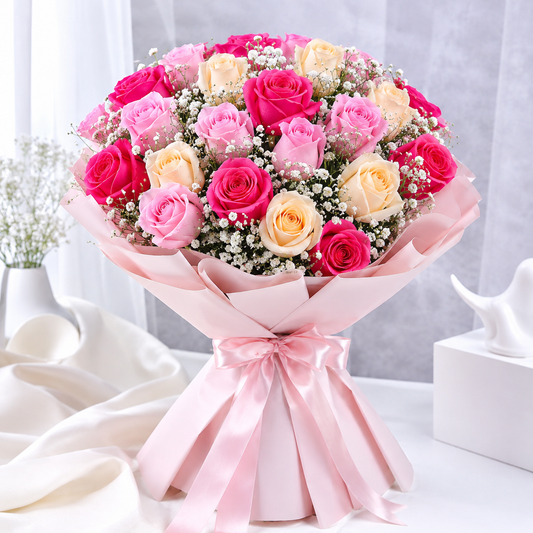 Blush Majesty mixed pink and cream roses bouquet with baby’s breath in pastel pink wrapping