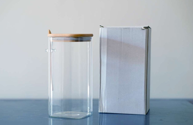 Borosil Jar Sq Big + Wood Lid and Spoon