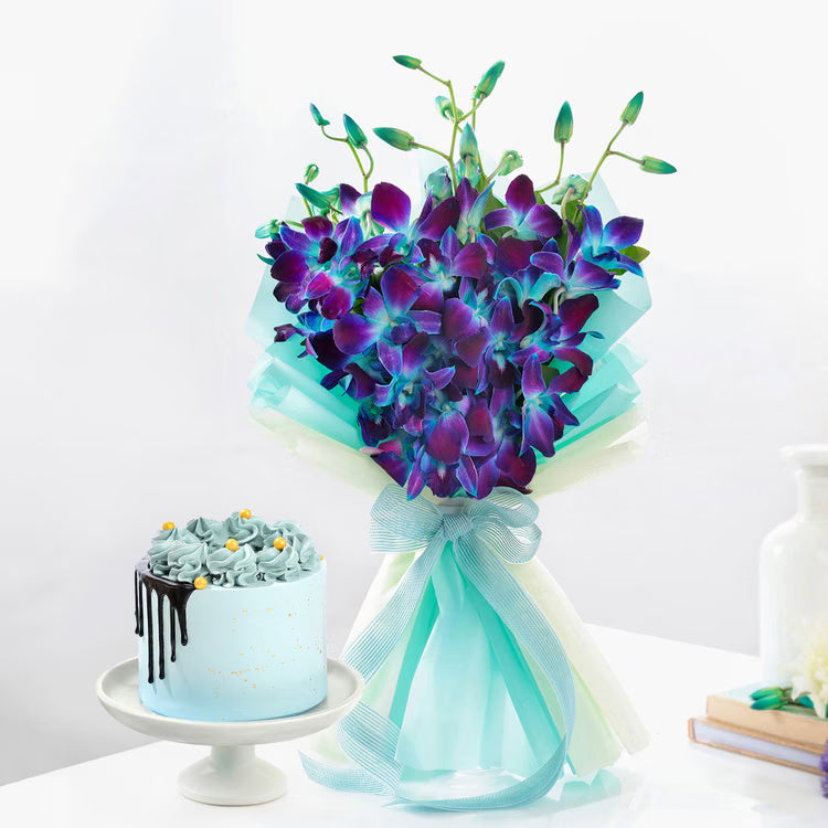Blue orchid bouquet with designer cake combo for birthday and anniversary gift