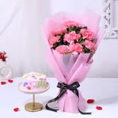 Carnation Cocoa bouquet of 8 pink carnations with chocolate cream cake and pink wrapping