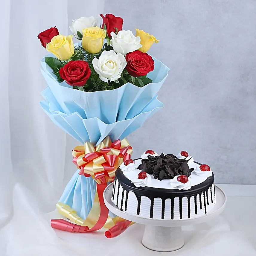Black Forest Cake and Flowers Combo with Fresh Red Rose Bouquet