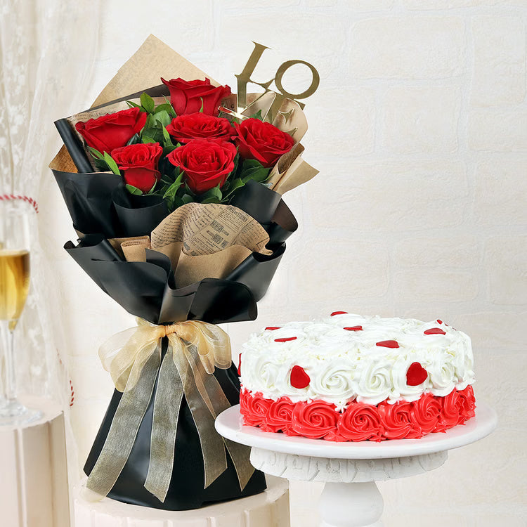 Red roses bouquet with designer rose cake combo for anniversary and romantic gift