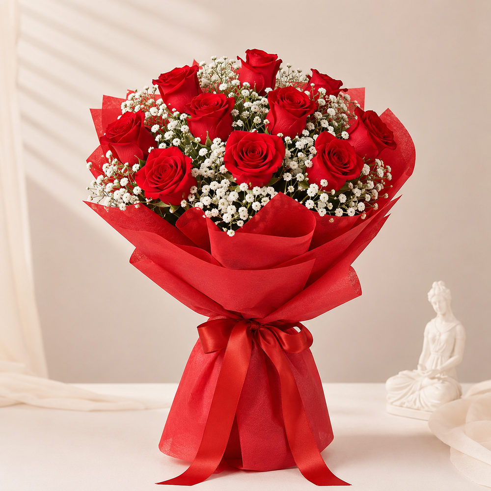 Crimson Whisper red roses bouquet with baby’s breath and premium red wrapping