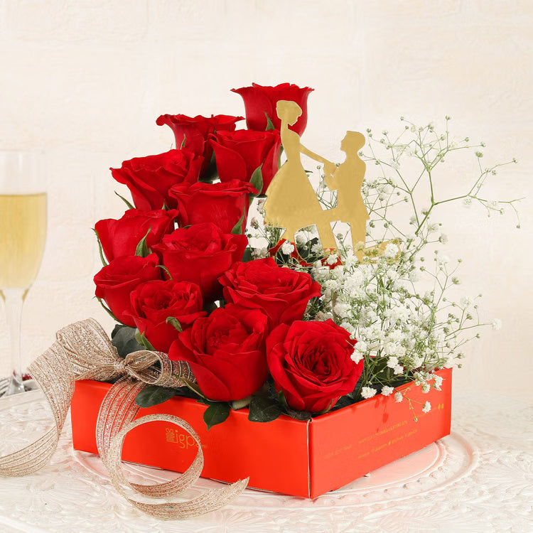 Red roses proposal box with baby’s breath and romantic topper for flower