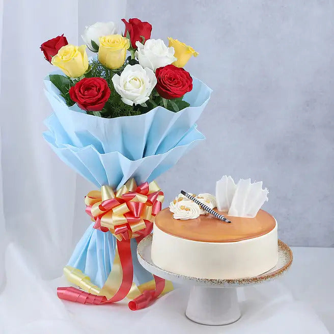 Golden Affection mixed roses bouquet with eggless butterscotch cake and blue wrapping