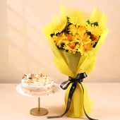 Golden Cheer 10 yellow gerberas bouquet with eggless butterscotch cake