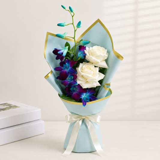 Ivory Orchid bouquet with white roses and blue orchids in sky-blue wrapping
