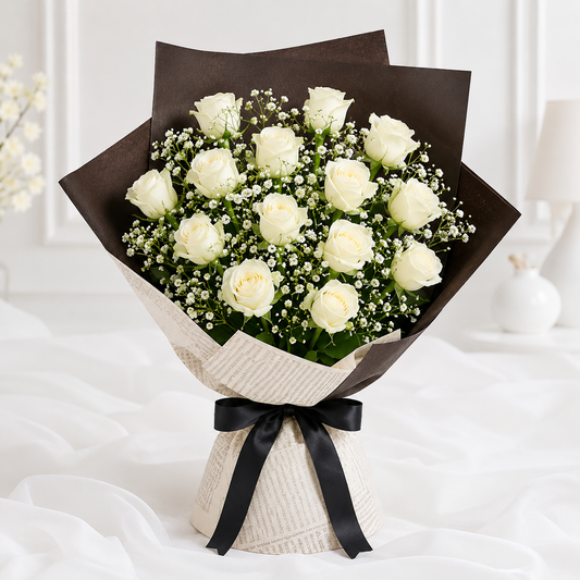 Ivory Serenity bouquet of 14 white roses with gypsophila and black satin ribbon