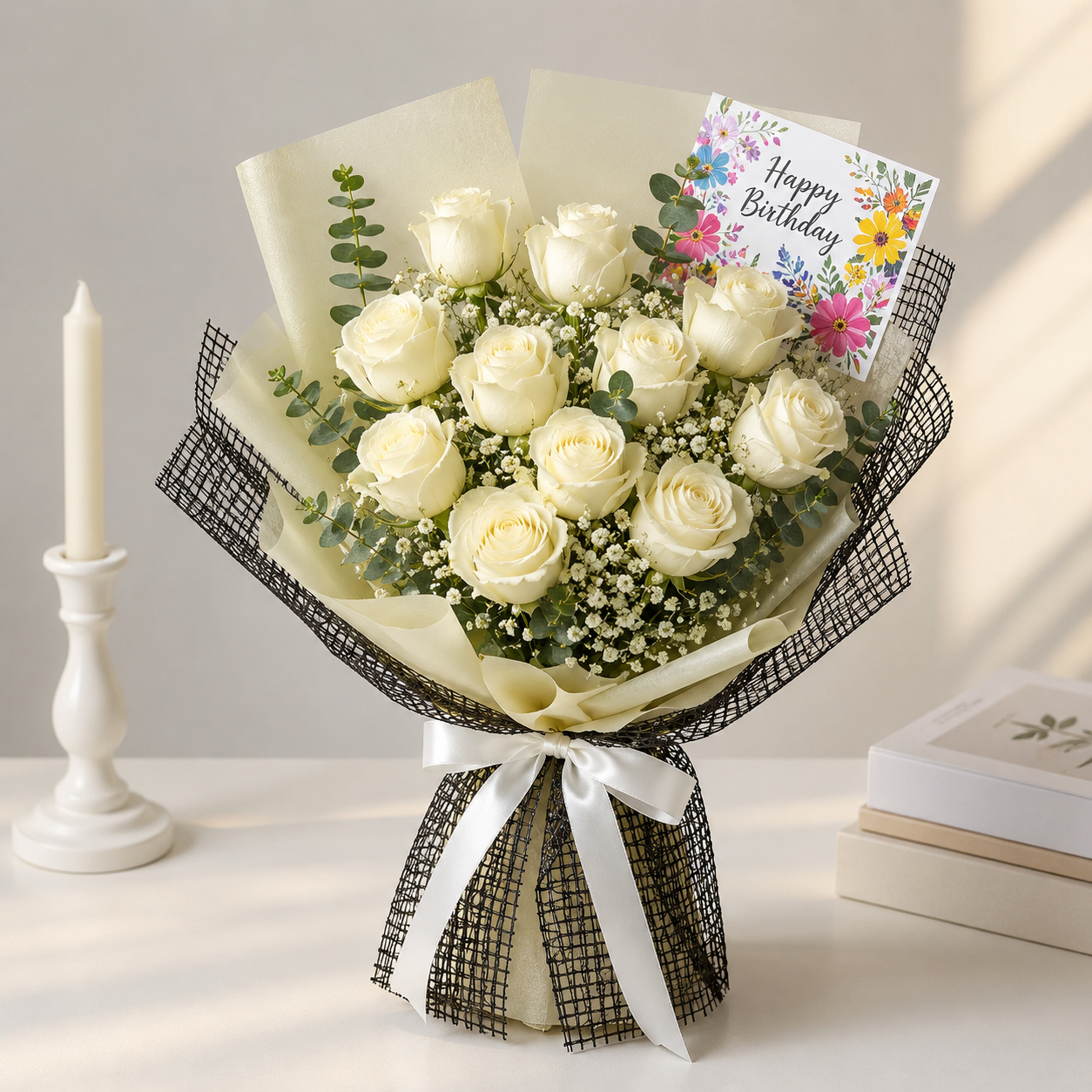 Ivory Wishes white roses bouquet with baby’s breath, birthday card and premium cream wrapping