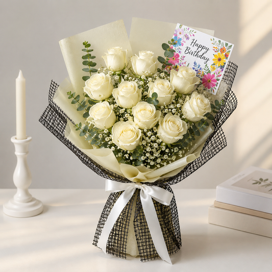 Ivory Wishes white roses bouquet with baby’s breath, birthday card and premium cream wrapping