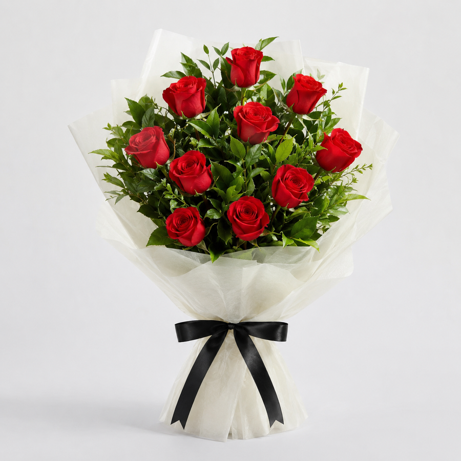 Passion Royale bouquet of 10 fresh red roses with ivory wrapping and black satin ribbon