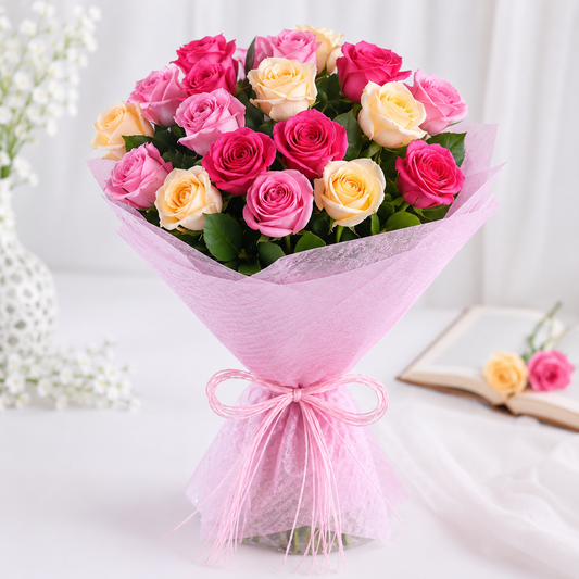Pastel Harmony bouquet of 18 pink hot pink and cream roses in elegant pink wrapping