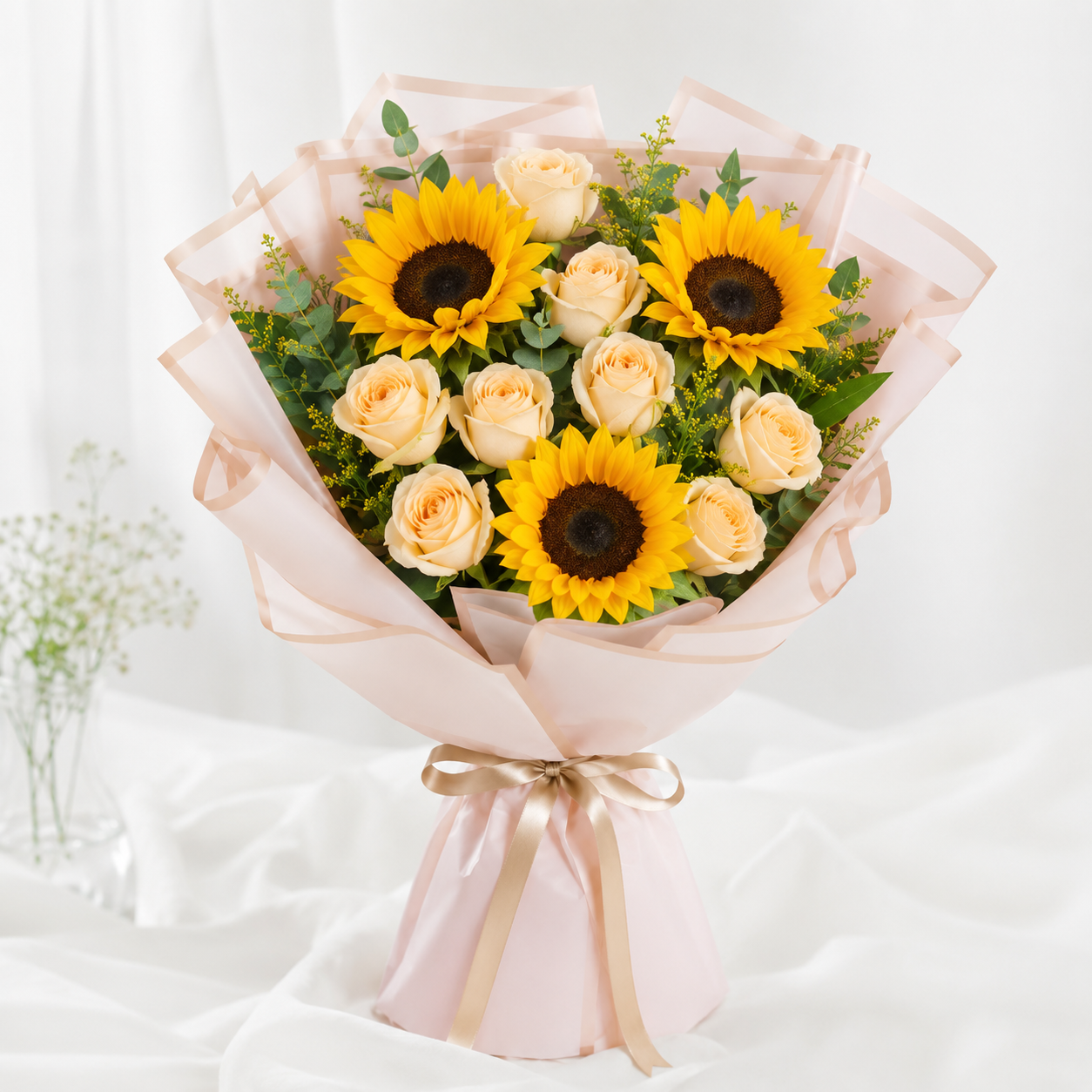 Pearl Grace white roses bouquet with jute wrap, black paper and white satin ribbon