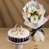 Petal Decadence peach roses and white gerberas bouquet with eggless Black Forest cake