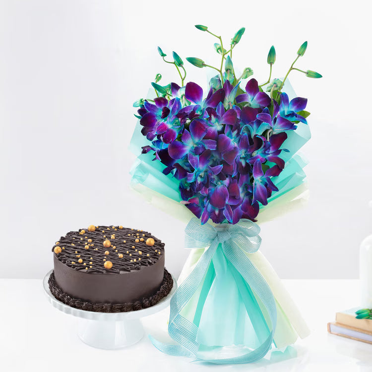 Blue orchid bouquet with chocolate cake combo for birthday and anniversary gift