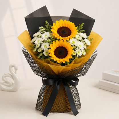 Solar Grace sunflower and white daisy bouquet with black yellow wrapping