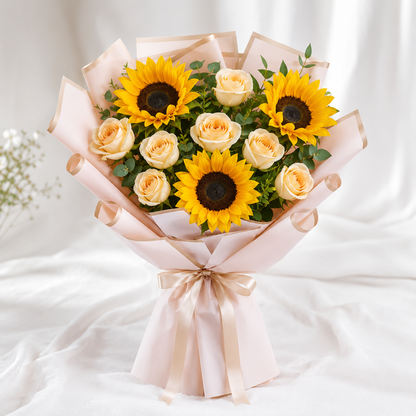 Sunlit Charm sunflower and cream roses bouquet in pastel peach wrapping