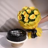 Sunlit Devotion 10 yellow roses bouquet with eggless chocolate truffle cake
