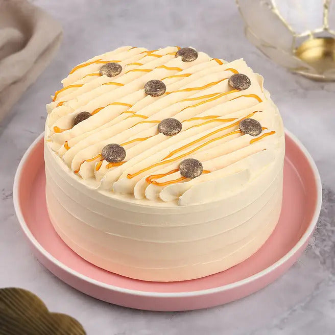 Toffee Halo butterscotch cream cake with caramel drizzle and chocolate chips