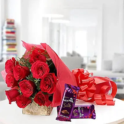 Red roses bouquet with Dairy Milk Silk chocolates romantic flower chocolate combo gift
