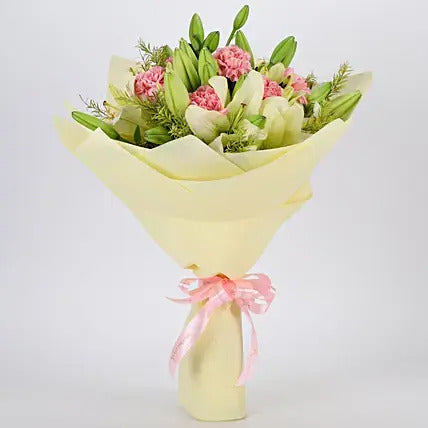 white lilies pink carnations bouquet elegant flower gift