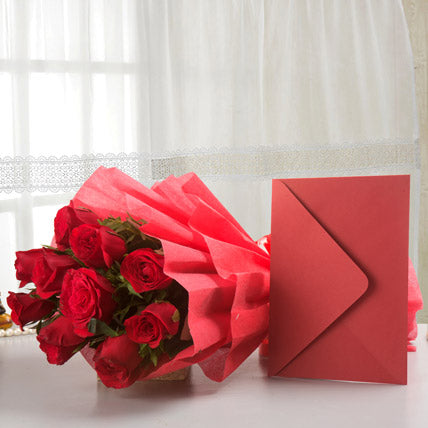 red roses bouquet with greeting card romantic combo