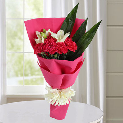 Premium Red Carnation and White Lily Bouquet with Pink Wrapping for Online Flower Delivery