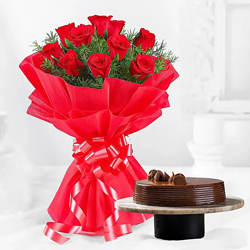 Red roses bouquet with chocolate truffle cake combo for birthday and anniversary gift