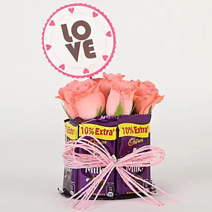 Pink roses with Dairy Milk chocolates love arrangement romantic flower chocolate gift