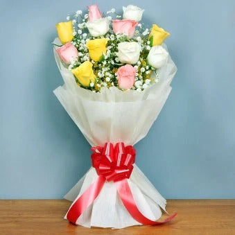 mixed roses bouquet pink yellow white flowers gift